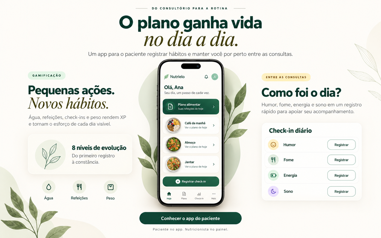 O plano ganha vida no dia a dia: app do paciente com plano alimentar, gamificação e check-in diário.