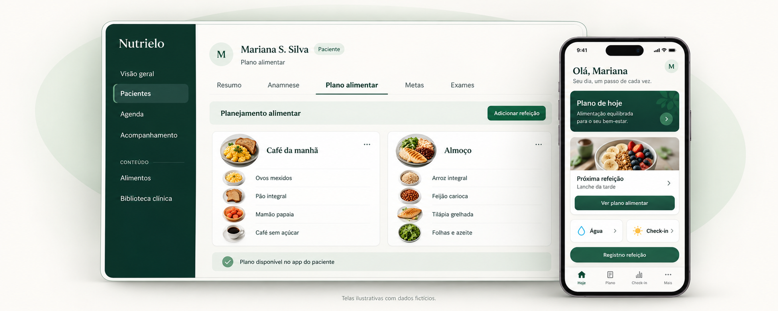 Painel do nutricionista com plano alimentar de Mariana S. Silva e app do paciente exibidos lado a lado.