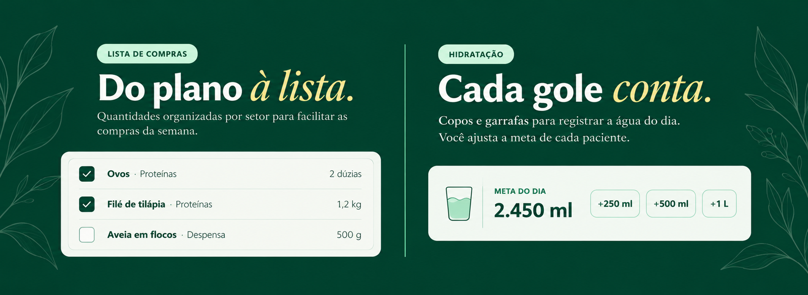 Lista de compras organizada por setor e hidratação com meta diária no app do paciente.